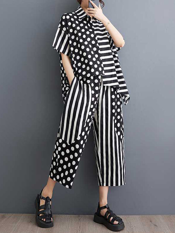 Half Sleeves High-Low Asymmetric Contrast Color Polka-Dot Split-Side Striped Lapel Blouses Top + Pants Bottom Two Pieces Set