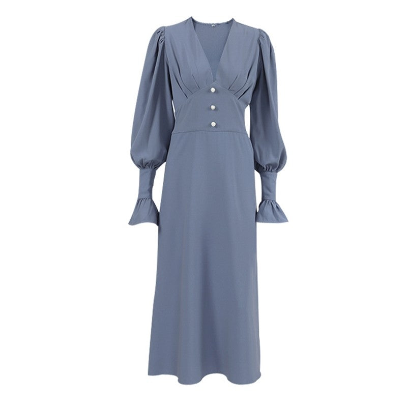 Vibrant V-Neck Midi Dress with Lantern Sleeves and High Waist
