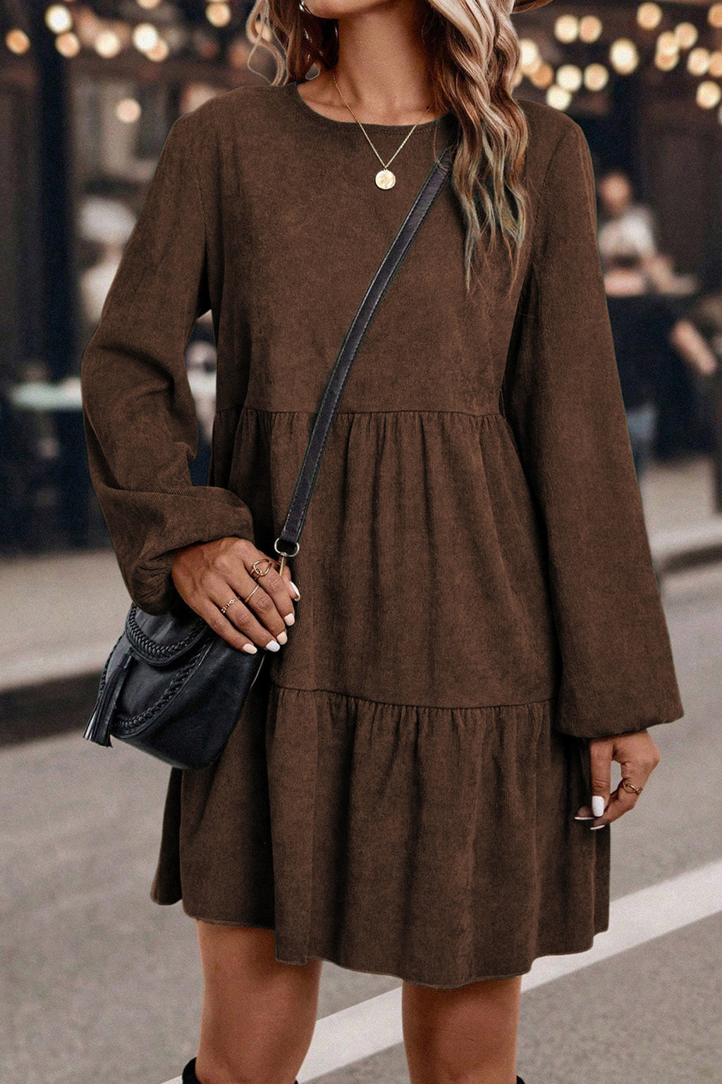 Dark Brown Lantern Sleeve Tiered Mini Dress
