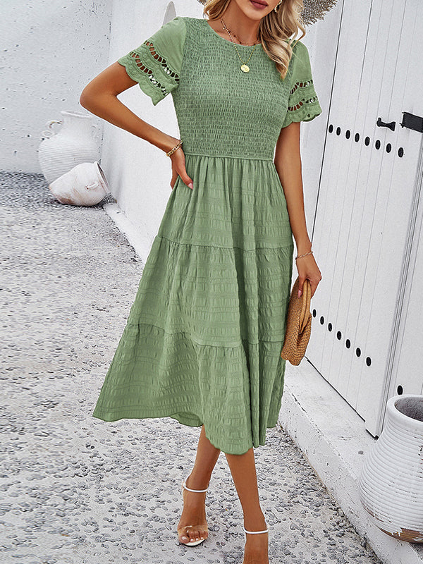 A-Line Loose Elasticity Hollow Solid Color Split-Joint Round-Neck Midi Dresses