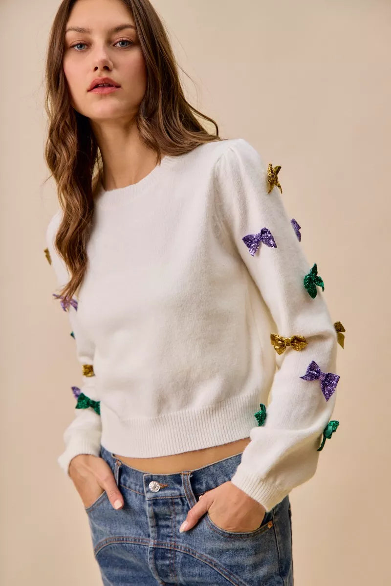Mardi Gras Glitter Bow Ribbon Sweater Knit Top