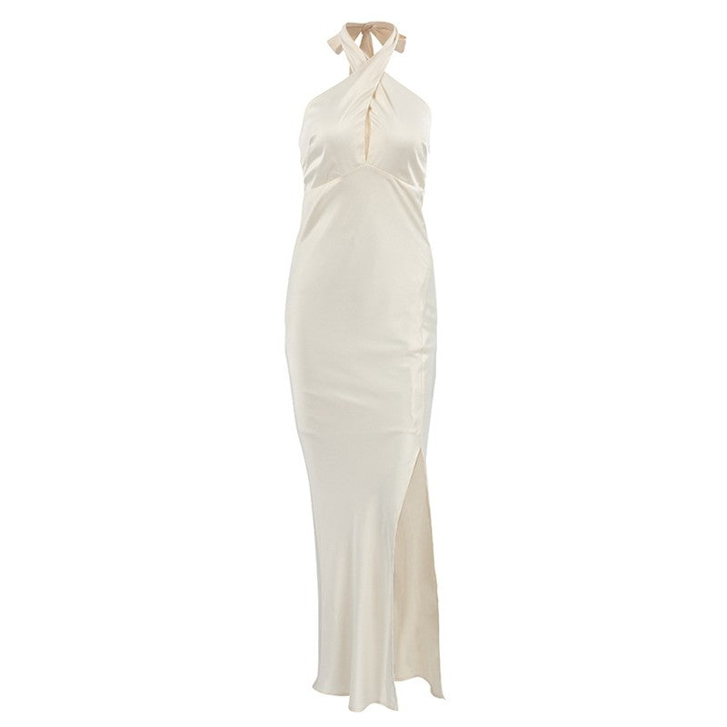 Halterneck Backless Slit Long Party Dress in Solid Color