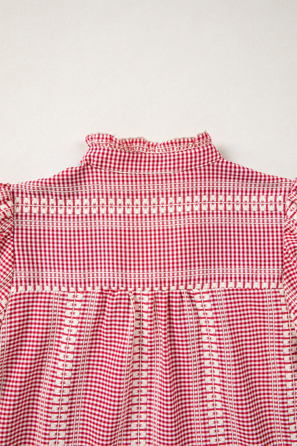 Red Western Pony Embroidered Yoke Puff Sleeve Gingham Blouse
