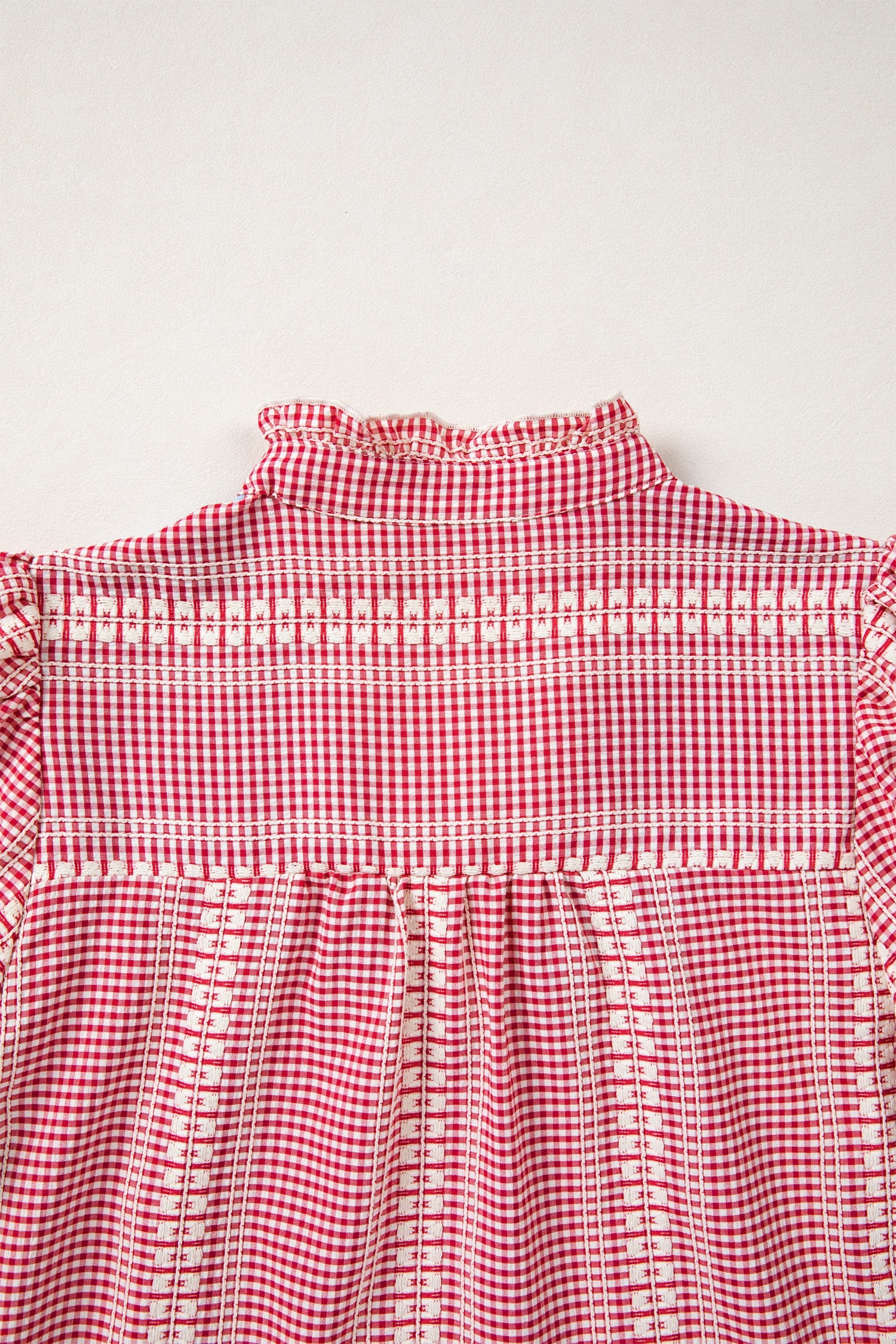 Red Western Pony Embroidered Yoke Puff Sleeve Gingham Blouse