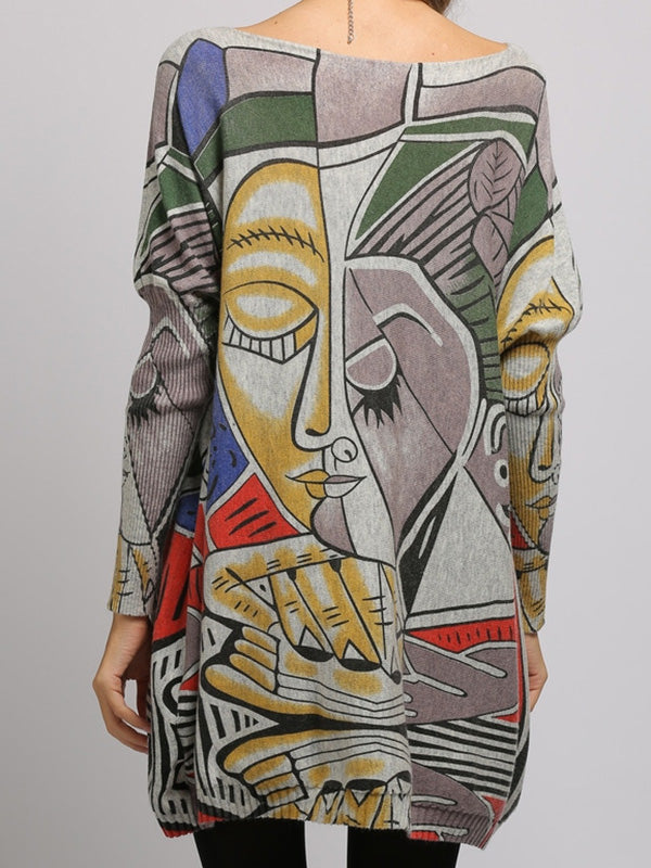 Long Sleeves Loose Figure Printed Boat Neck Knitwear