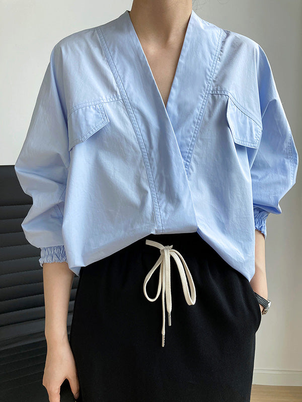 Trendy Batwing Sleeves Solid Color V-Neck Blouses