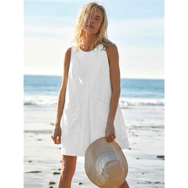 Sleeveless Solid Color Crewneck Loose Fit Casual Romper