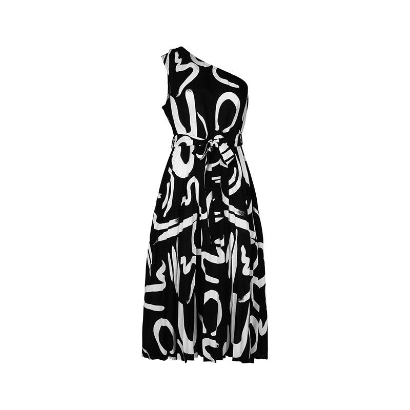Stylish Floral Printed One-Shoulder High-Waisted Dress
