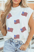 White Sequin American Flag Mock Neck Short Sleeve Top