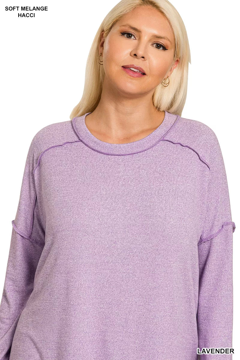Full Size Melange Hacci Exposed Seam Hi-low Tee Plus Size