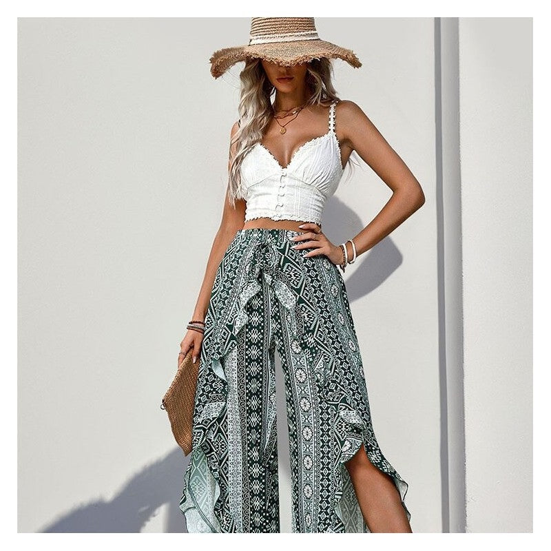 High-Waisted Leaf Print Wide Leg Pants with Split Hem