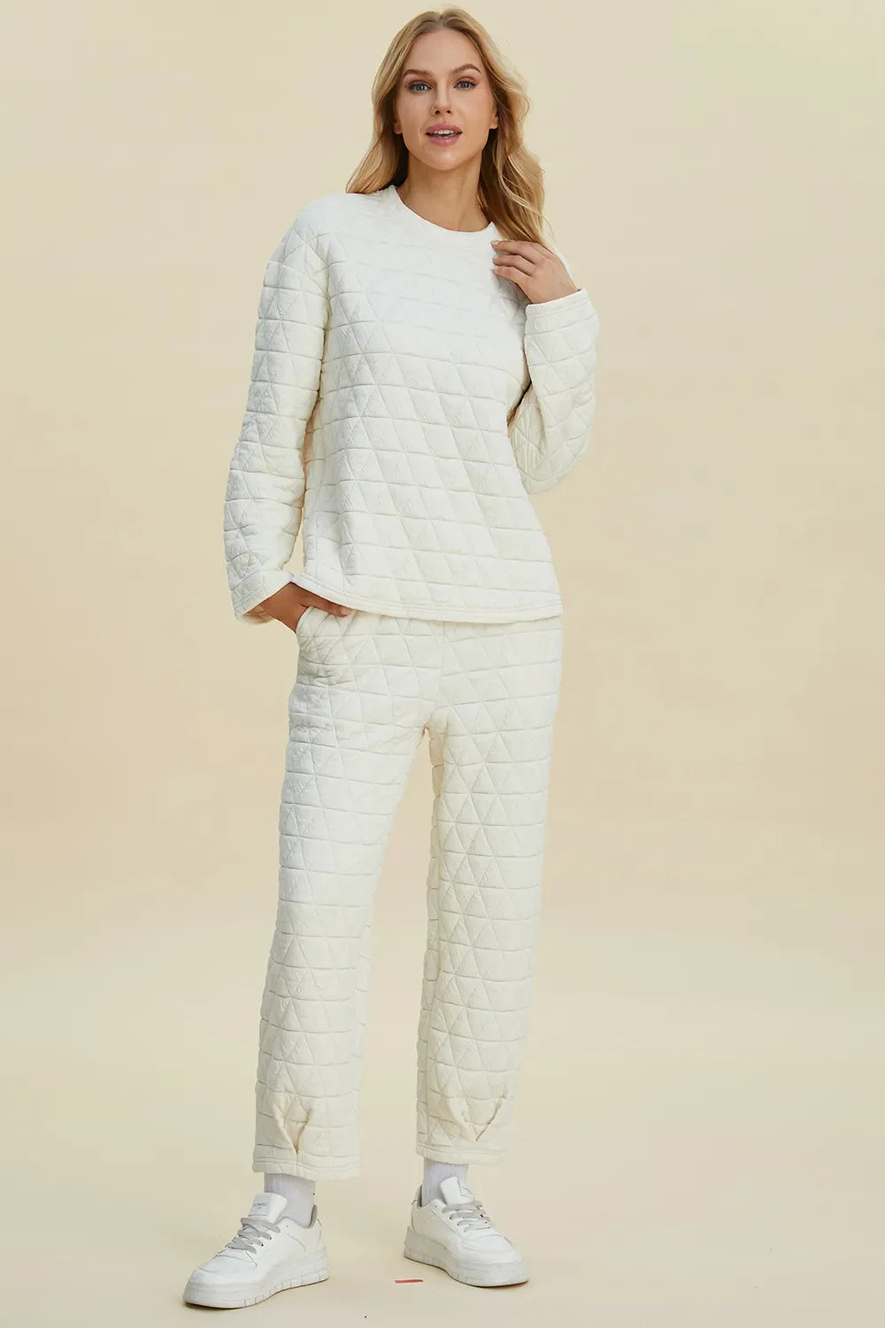I am a Fashion junky Full Size Texture Round Neck Long Sleeve Top and Pants Set