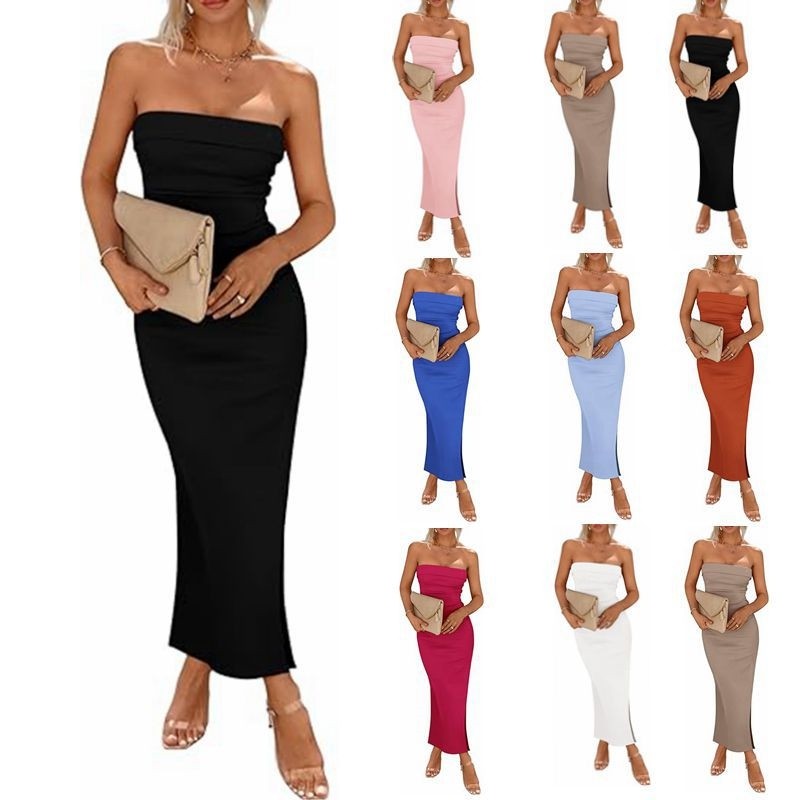 Solid Color Strapless Tube Side Slit Skinny Long Evening Dress