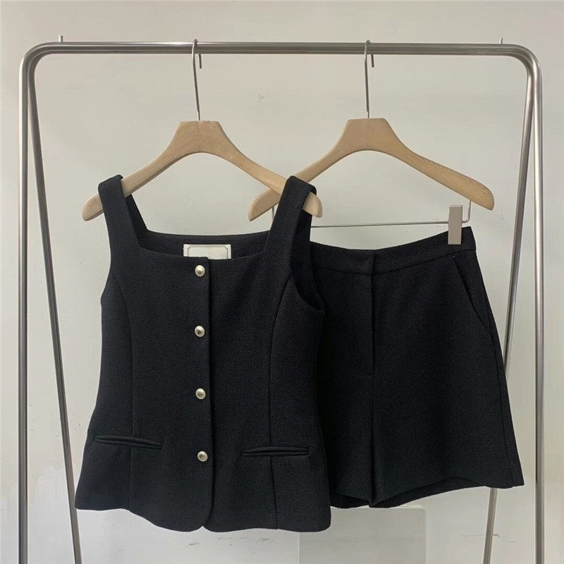 Solid Color V-Neck Vest and Shorts Set