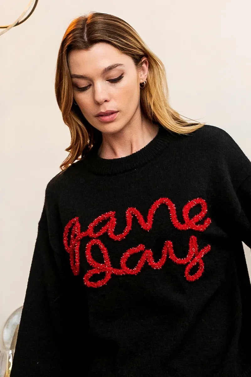 Game Day Metallic Letter Sweater