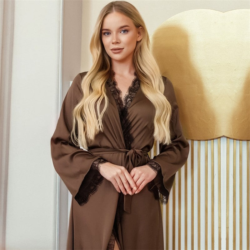 Solid Color Lace Patchwork Long Sleeve Waist Tied Maxi Robe Loungewear