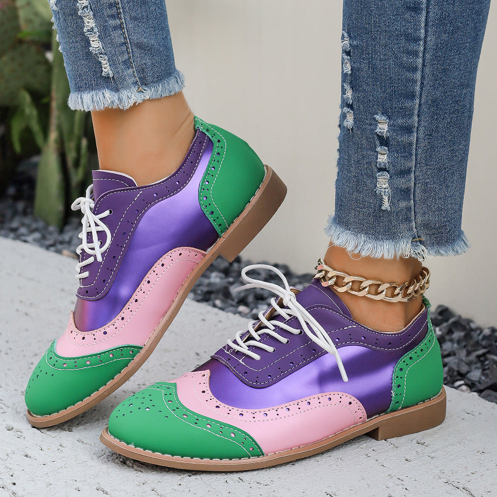 Women's Color-Block Lace-Up Flats Round Toe Casual Shoes – Plus Sizes