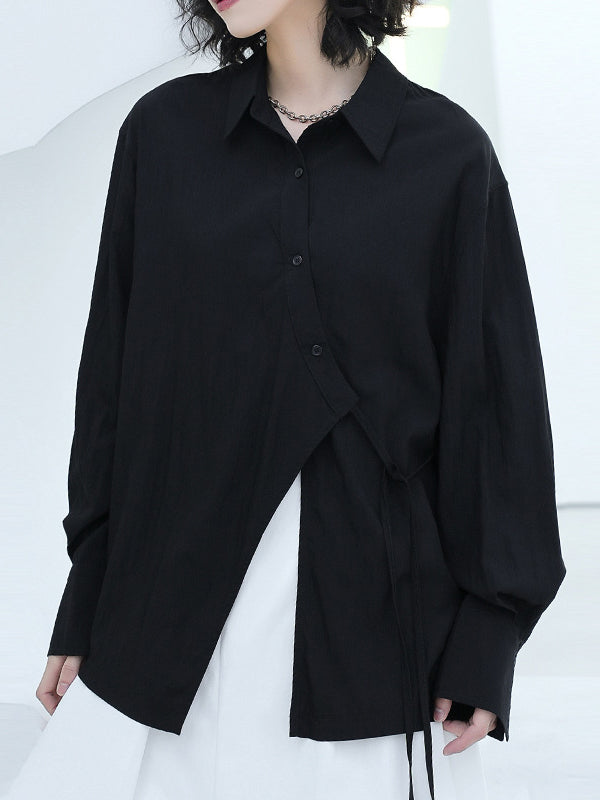 Loose Puff Sleeves Asymmetric Lace-Up See-Through Solid Color Split-Joint Lapel Blouses