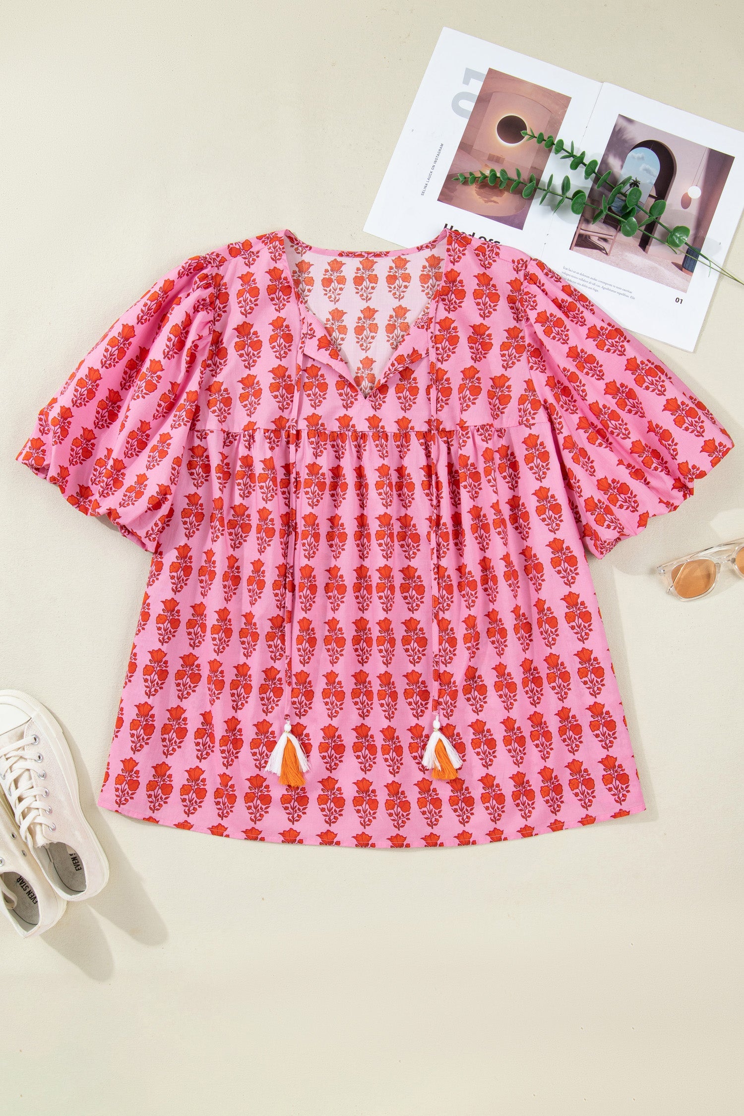 Pink Plus Size Floral Print Tassel Tie Puff Sleeve Cotton Blouse