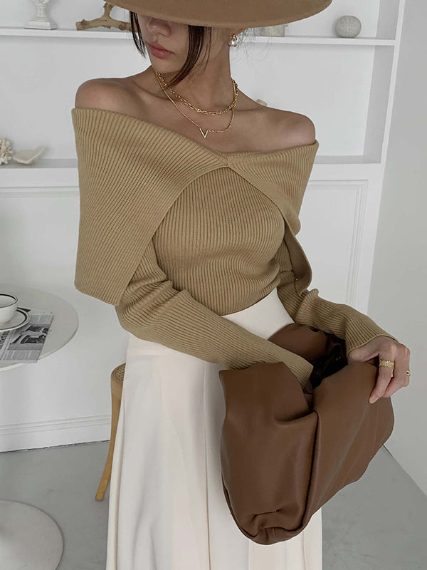 Long Sleeves Skinny Solid Color Lapel Knitted Hats Pullovers Sweater Tops