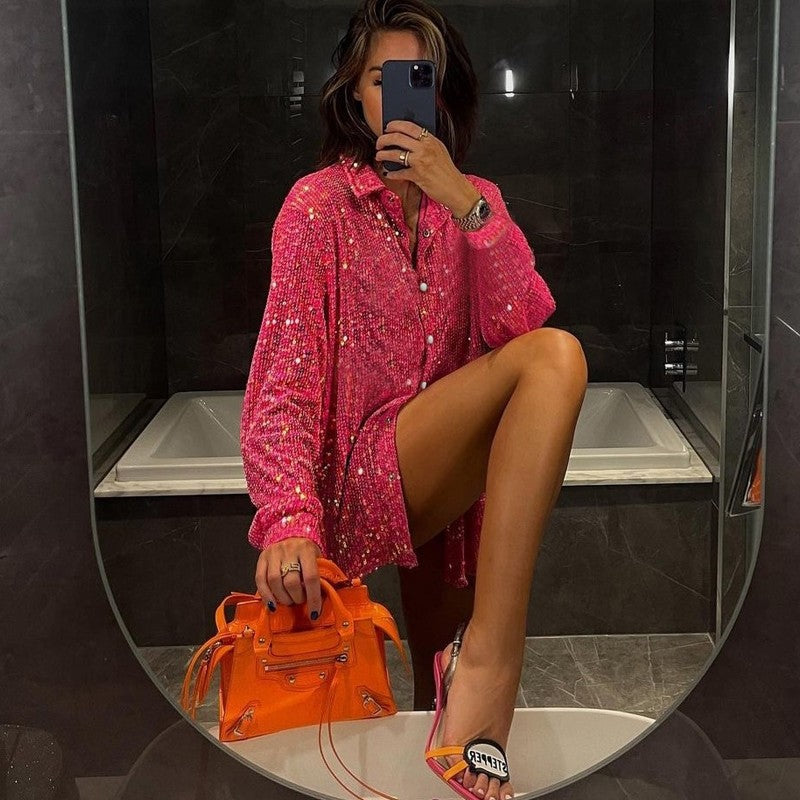 Solid Color Long Sleeve Lapel Single Breasted Glitter Blouse