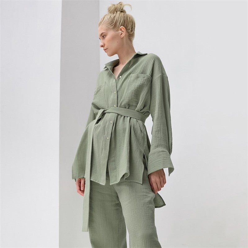 Solid Color Loose Long Sleeve Lapel Buttoned Waist Tied Blouse and Pants Two-Piece Loungewear Set