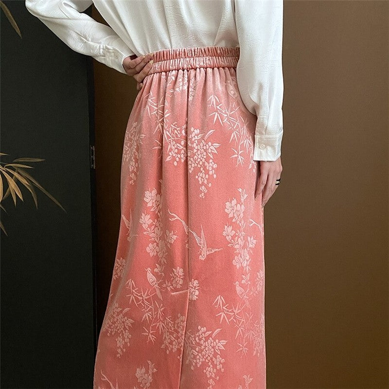 Velvet Half Skirt with Floral and Bird Embroidery