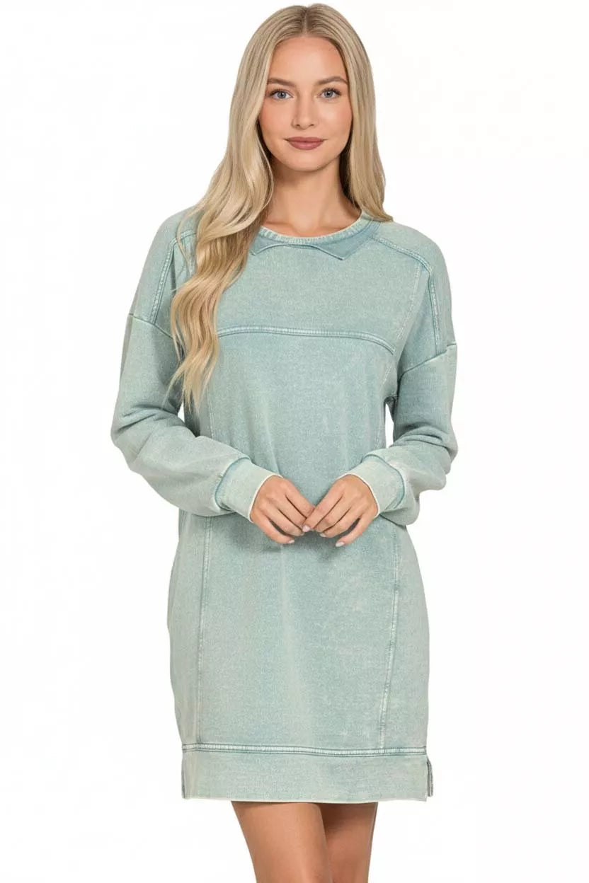 French Terry Acid Washed Dress with Pockets