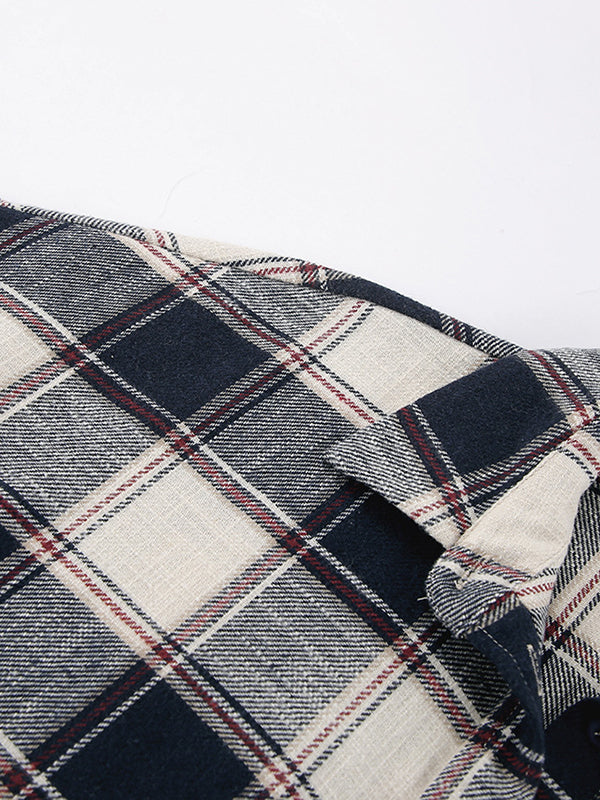 Long Sleeves Loose Plaid Split-Joint Lapel Blouses&Shirts Tops