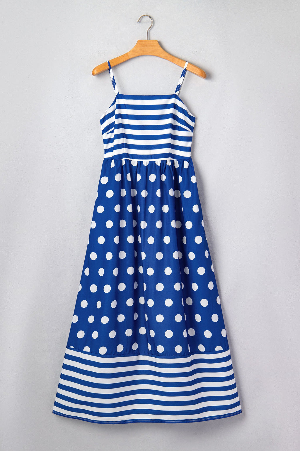 Blue Striped Polka Dot Patchwork High Waist Spaghetti Straps Maxi Dress