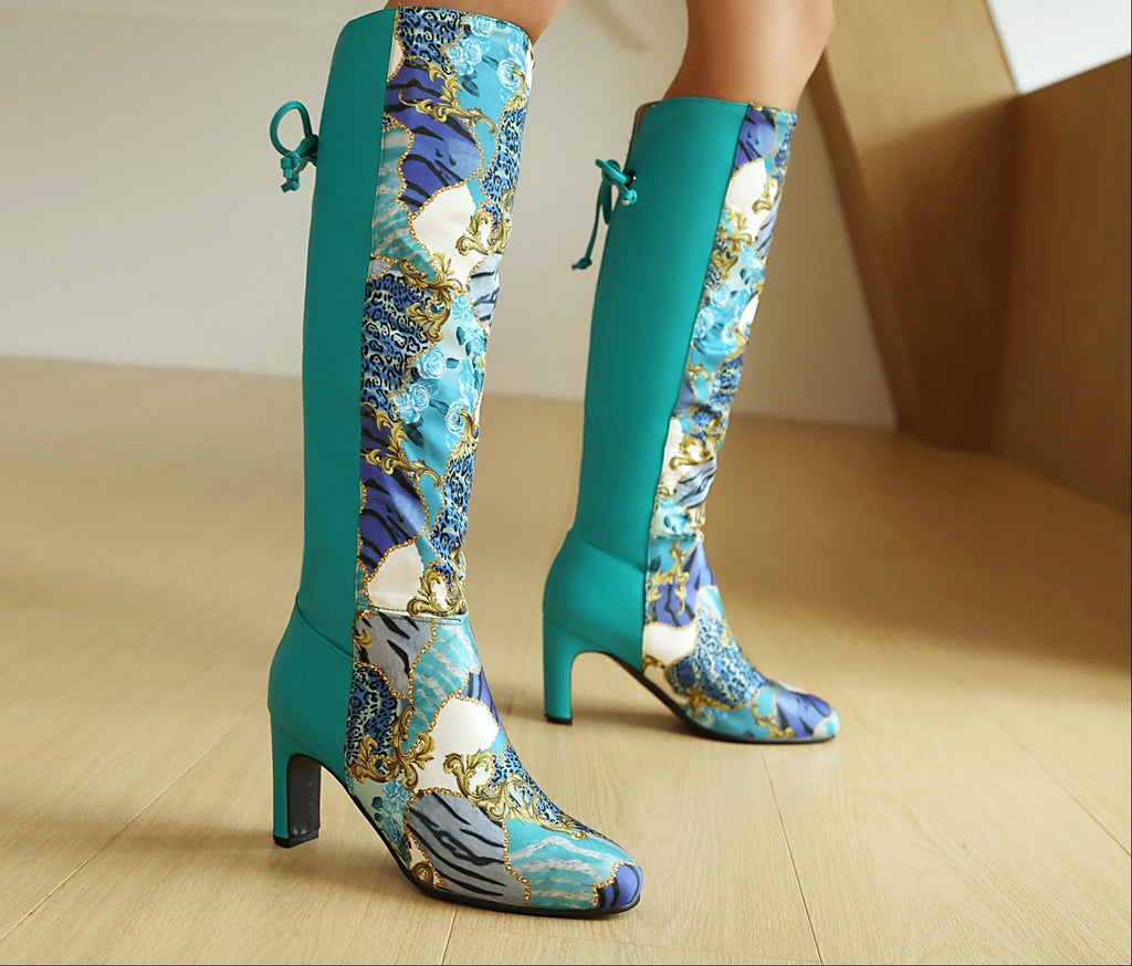Floral Patchwork Bowknot Over-the-Knee Boots