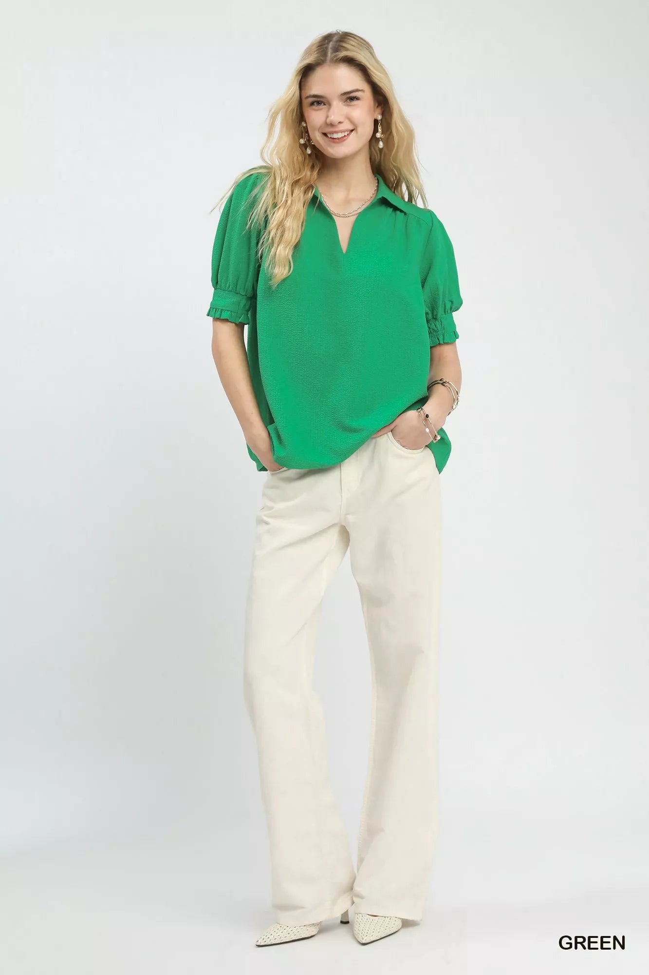 Seersucker Puff Sleeve Blouse
