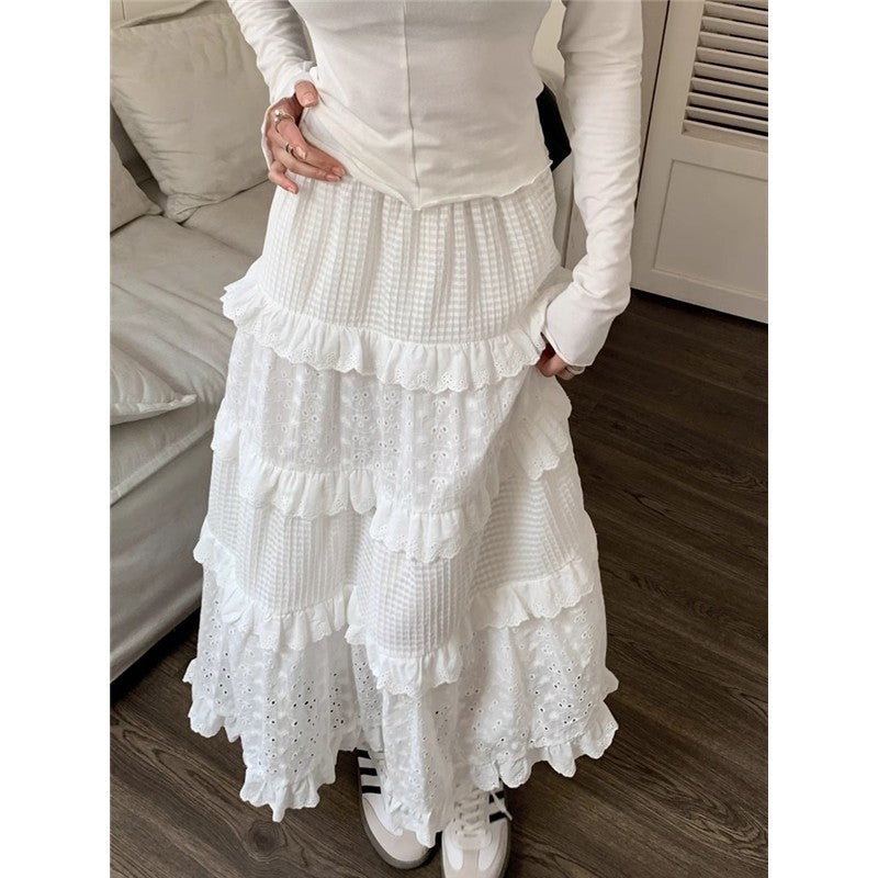 Solid Color Elastic Waist Lace Patchwork A-Line Maxi Skirt