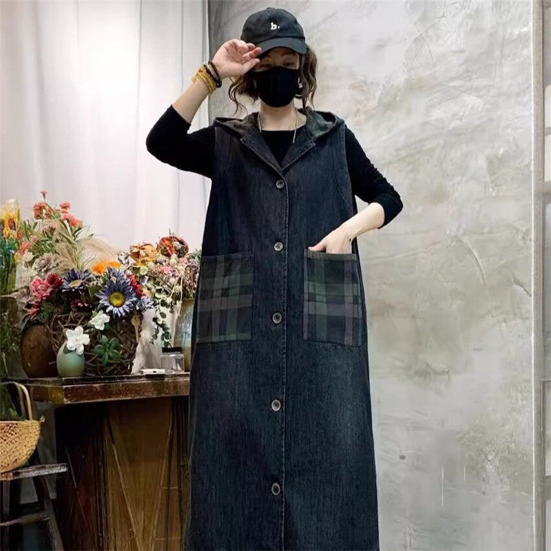 Vintage Hooded Patchwork Plaid Long Denim Vest