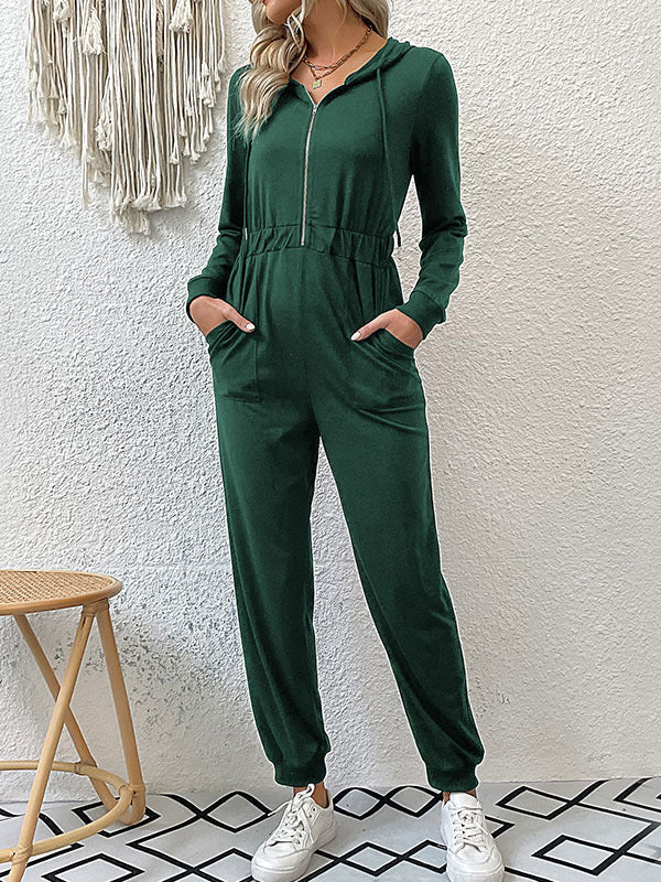 Skinny Elasticity Split-Joint Zipper Hooded Jumpsuits