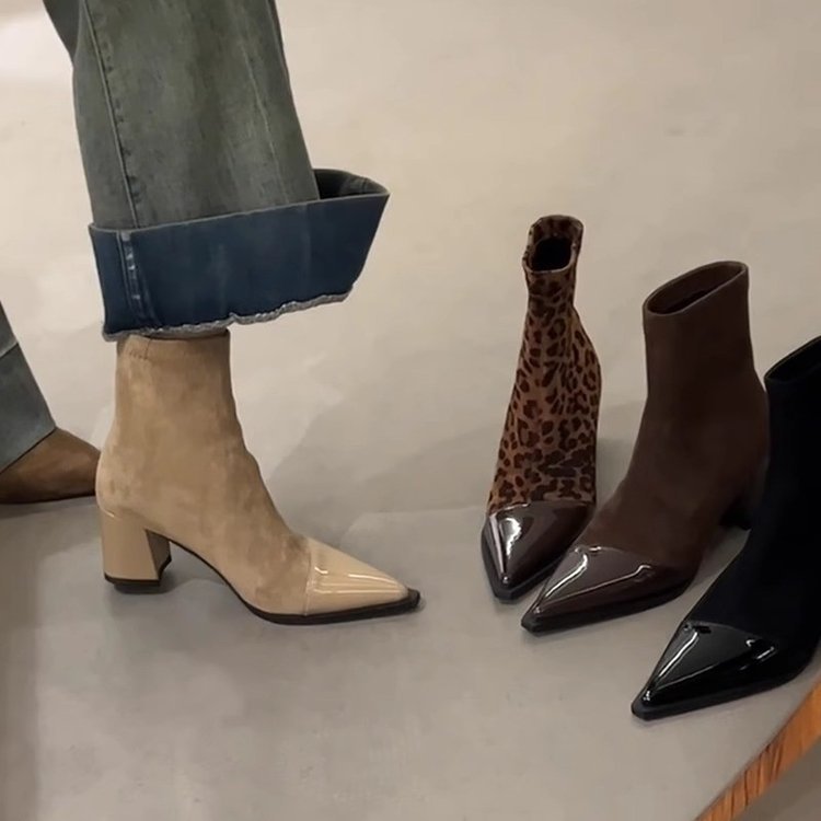 Women's Chunky Heel Pointed Toe Slip-On Boots | Microfiber Leather | Low Heel Ankle Boots