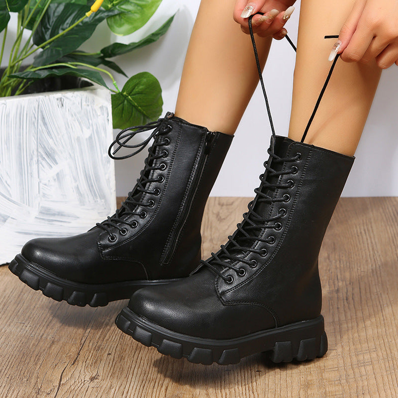 Women's Round Toe Ankle Boots - Lace-Up Low Heel Booties with Patchwork Detail