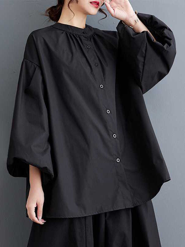 Loose Nine-Minute Sleeve Buttoned Hollow Pleated Solid Color Round-Neck Blouses&Shirts Tops
