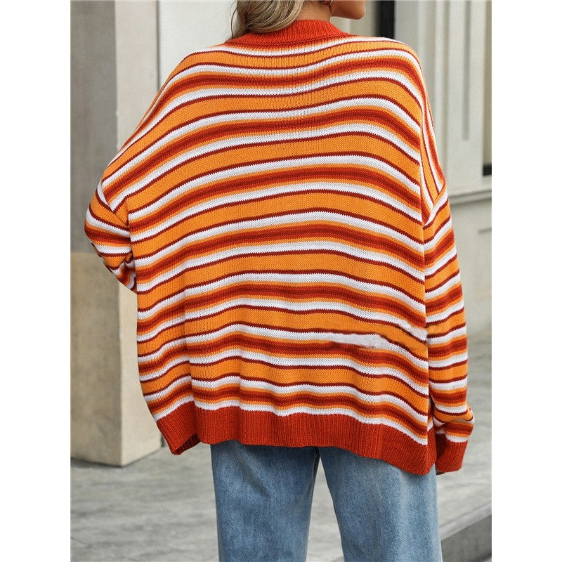 Long Sleeve Crewneck Contrast Color Striped Casual Loose Knitted Sweater