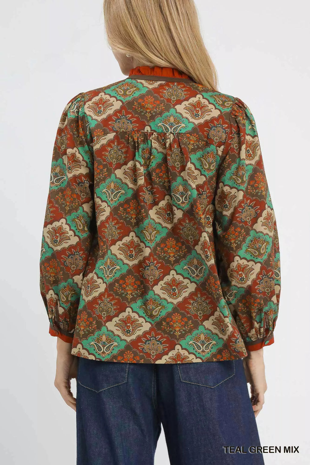 Abstract Print Ruffle Neck Top