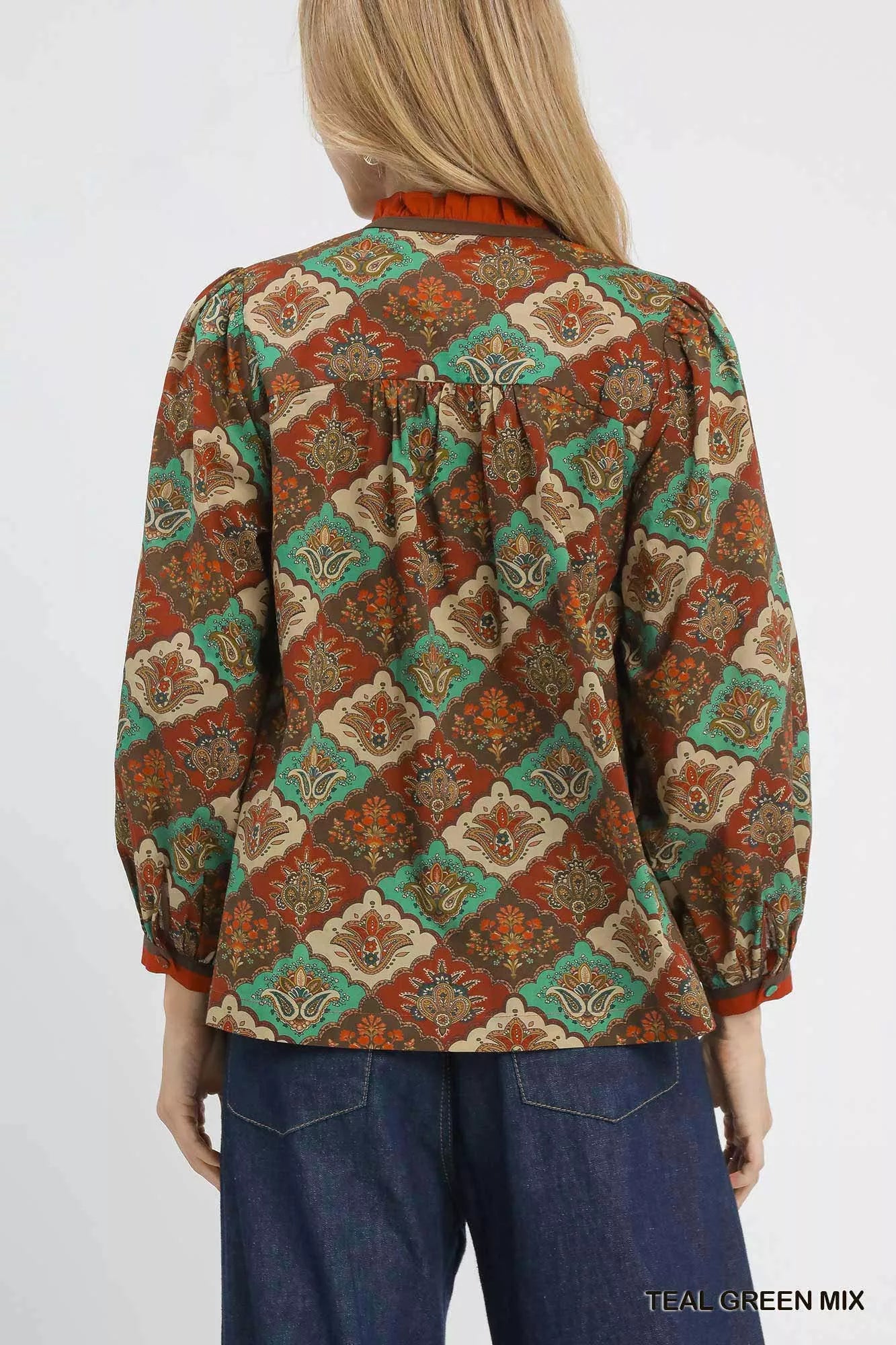 Abstract Print Ruffle Neck Top
