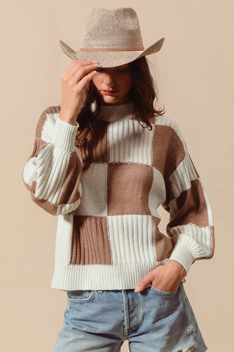 Ribbed Color Block Checkered Plaid Sweater