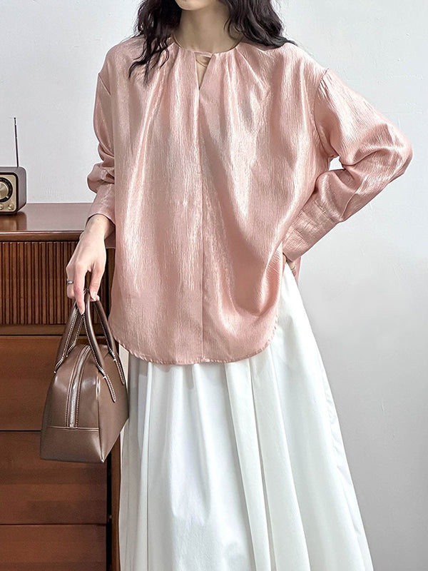 Long Sleeves Loose Hollow Shiny Solid Color Round-Neck Blouses&Shirts Tops