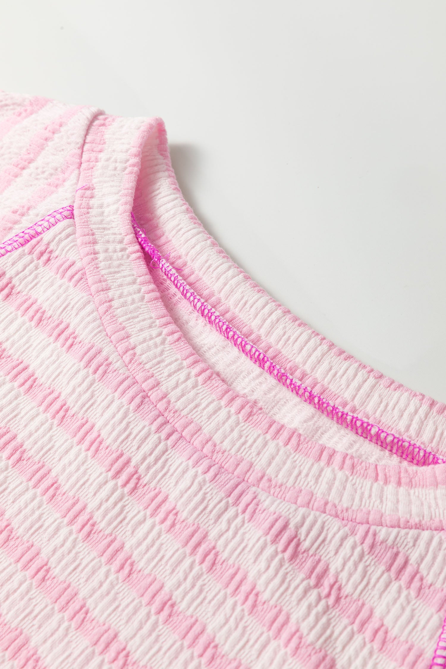 Pink Stripe Textured Knit Split Hem Half Sleeve Loose Top
