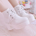 Women's Chunky Heel Lace-Up Ankle Boots | Round Toe | White & Black