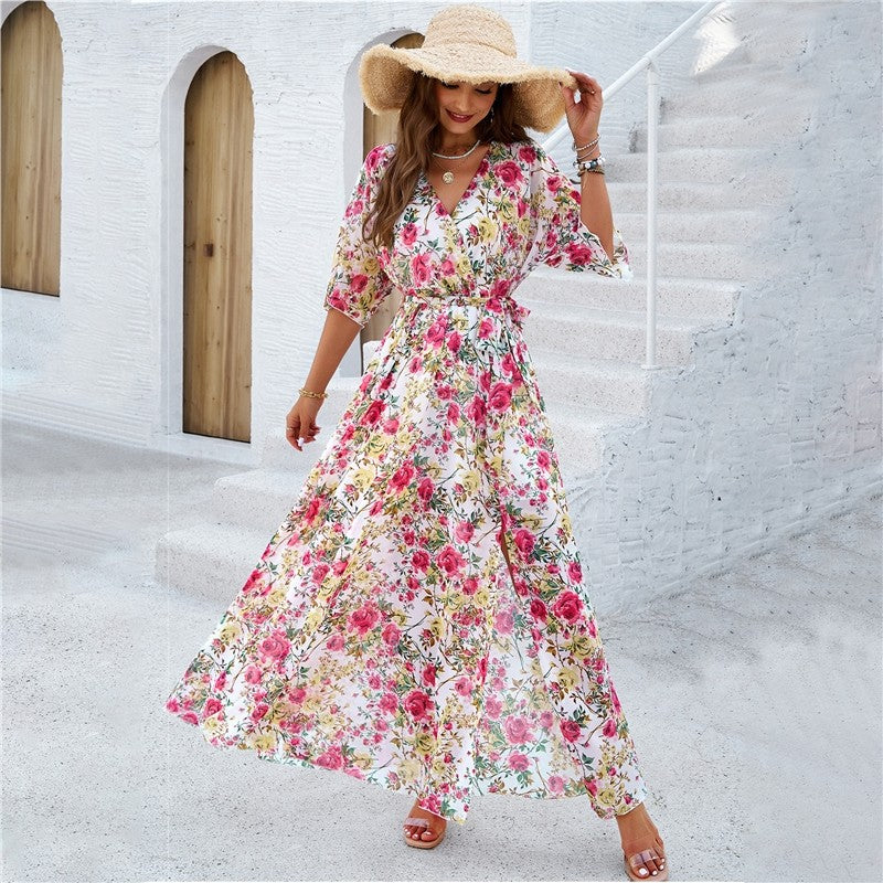 Chic Floral Print Waist Dress