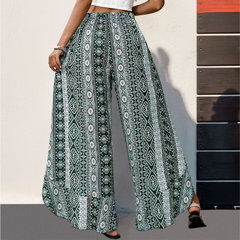High-Waisted Leaf Print Wide Leg Pants with Split Hem