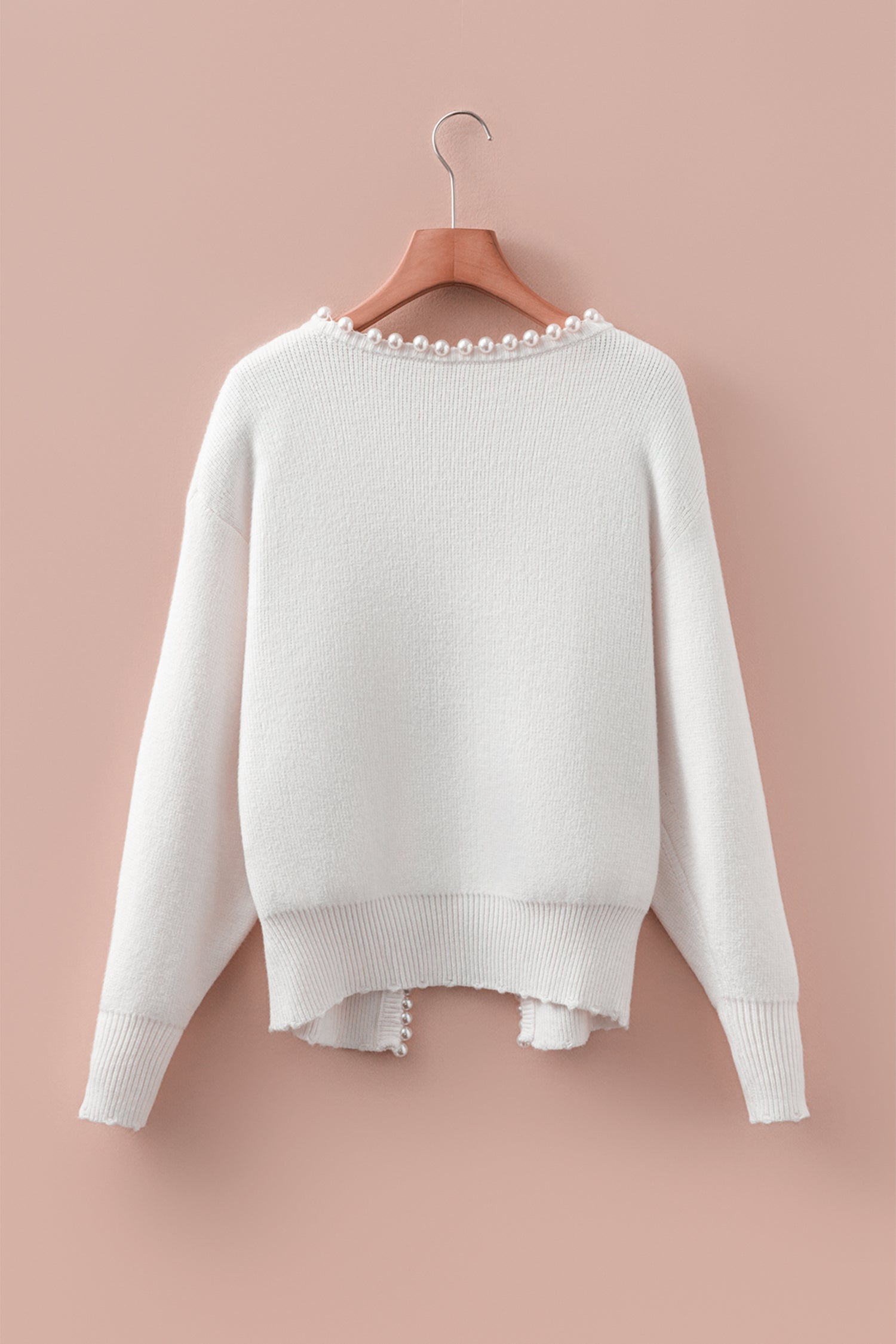 White Pearl Embellished Open Front Elegant Cardigan