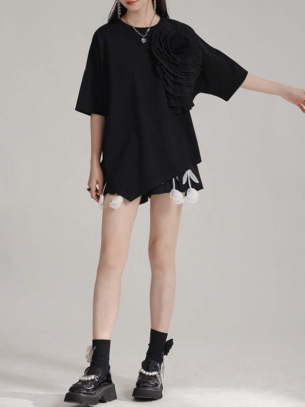 Loose Short Sleeves Asymmetric Solid Color Three-Dimensional Flower Round-Neck T-Shirts Tops