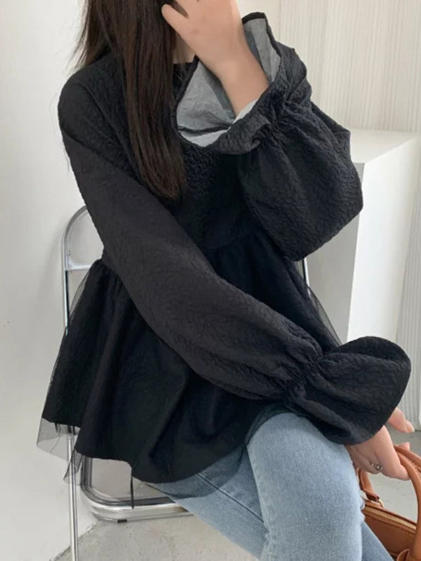A-Line Flared Sleeves Elasticity Mesh Solid Color Split-Joint Round-Neck Blouses&Shirts Tops
